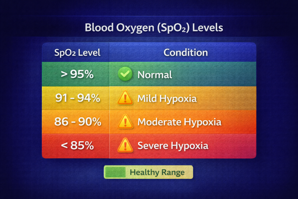 Blood oxygen SpO2 levels chart normal mild moderate severe hypoxia ranges for health status